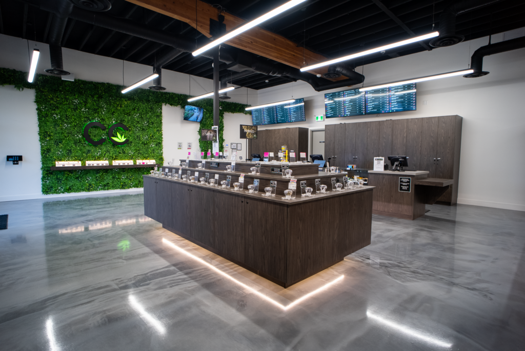 Interior of modern Surrey cannabis store with product displays